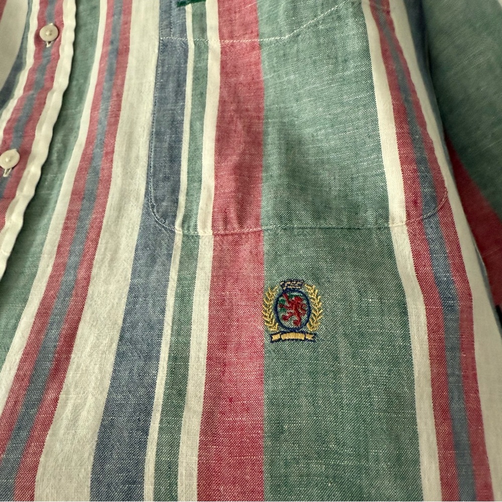1990s Tommy Hilfiger Awning Stripped Linen Cotton Button Down Dad Shirt Sz XL - Picture 2 of 9